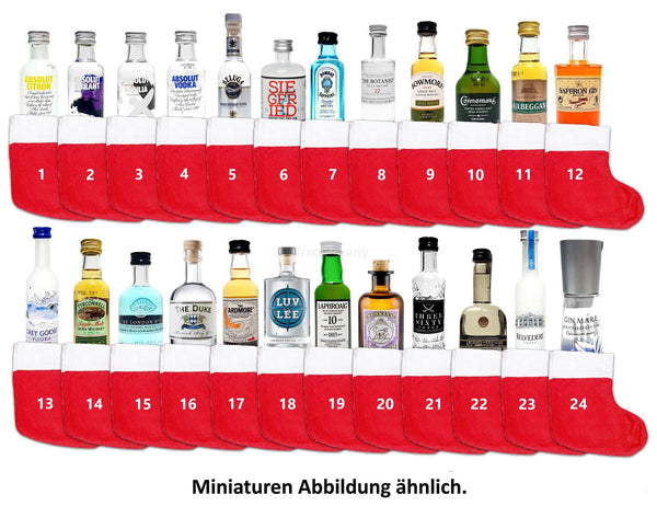Mini Spirituosen Adventskalender Probierset - 24 verschiedene Sorten Gin / Vodka / Whiskey + 24 Socken mit Schnur zum Aufhängen